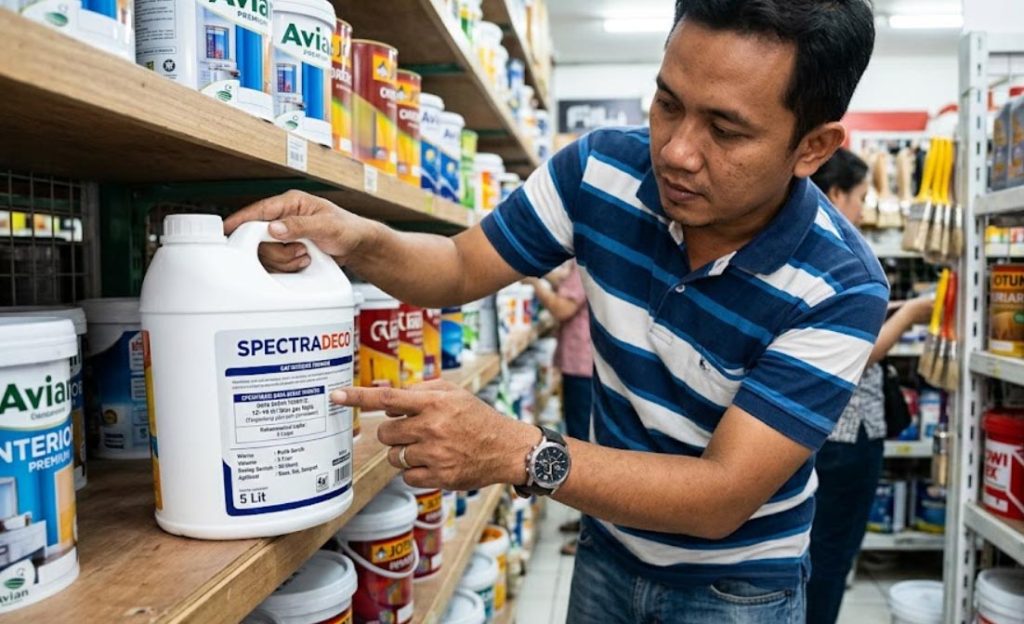 Membaca label daya sebar teoritis pada galon untuk panduan cara menghitung kebutuhan cat tembok