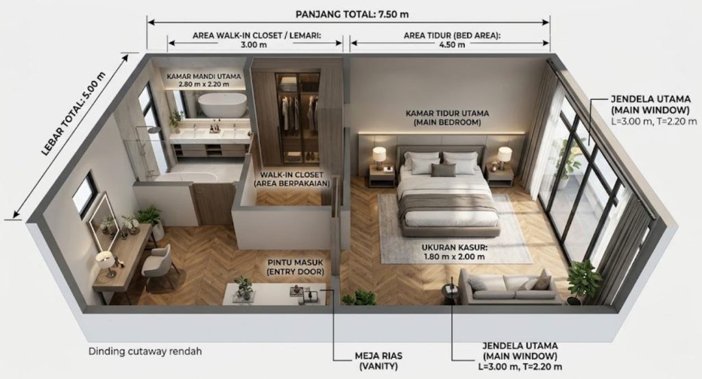 Simulasi studi kasus denah ruangan dalam panduan cara menghitung kebutuhan cat tembok per meter persegi