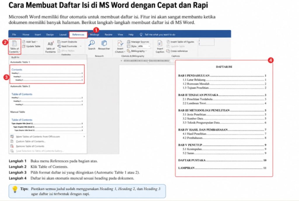 cara membuat daftar isi profesional di ms word