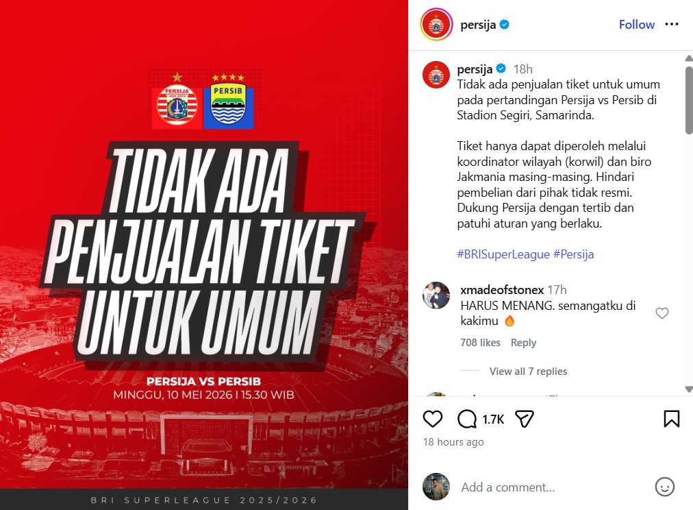 info tiket nonton persija vs persib di segiri samarinda
