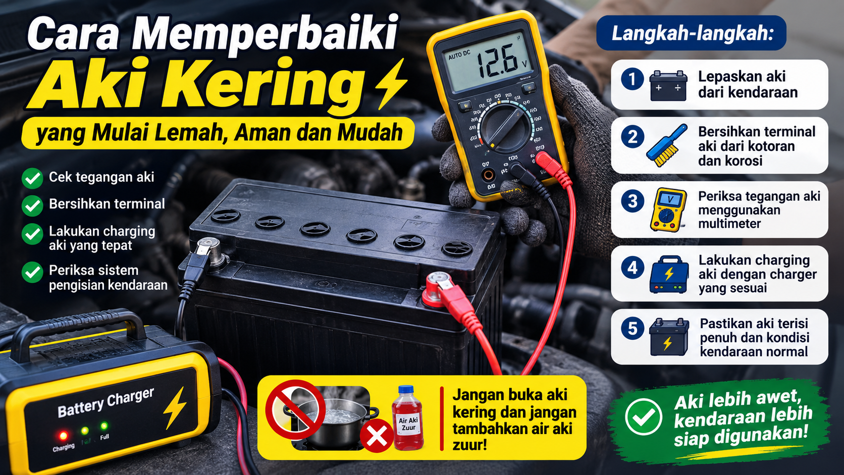 Cara Memperbaiki Aki Kering yang Mulai Lemah, Aman dan Mudah